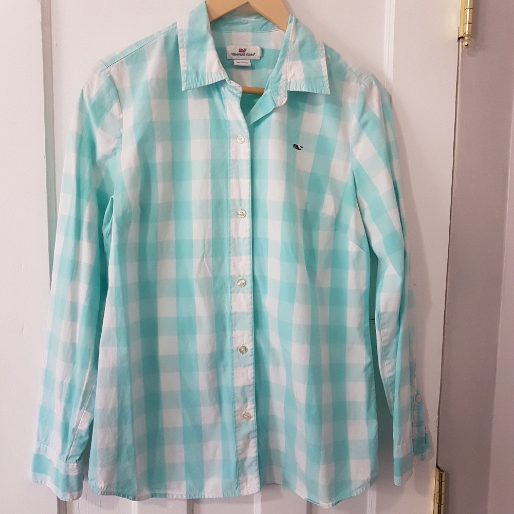 Vineyard Vines Check Cotton Button Up Long Sleeve Shirt Blue and Green Sz 8
